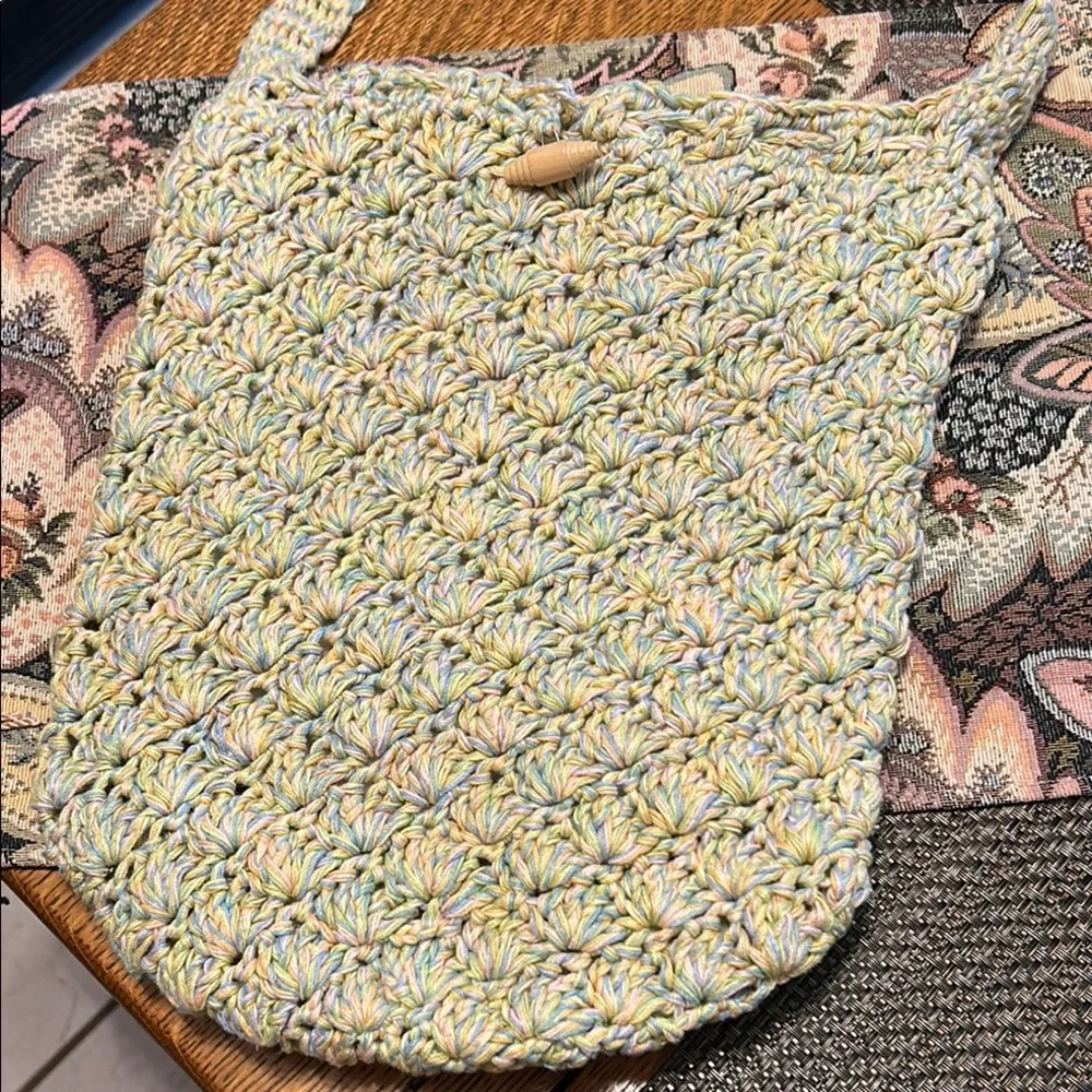 Handcrafted Cross Body Crochet Woven Shoulder Bag - Green Blue Pink and Yellow - Picture 3 of 10